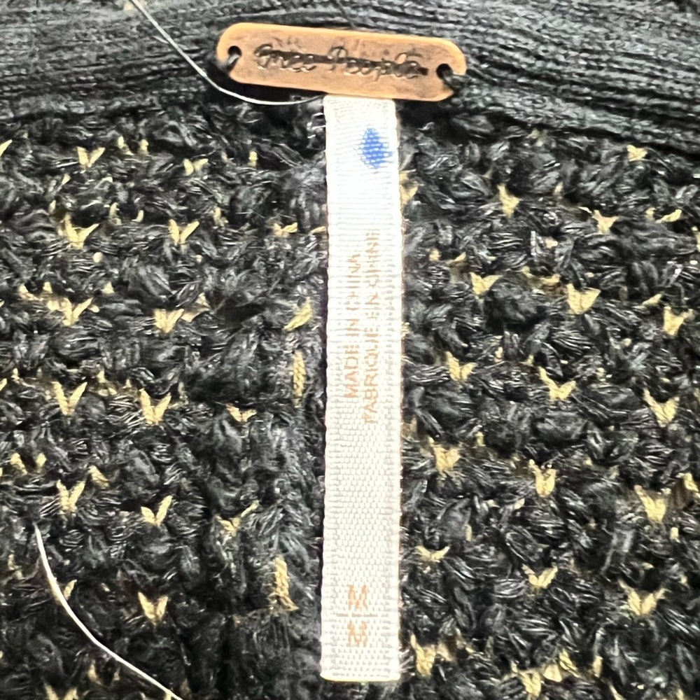 Free People Chunky Knit Asymmetrical Open Cardigan Black/Tan Color Pockets Sz M - Picture 6 of 7